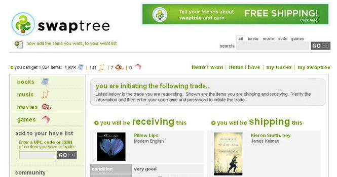 Swaptree arranges strictly one-for-one transactions between trading partners, but it does allow you to trade books for CDs or DVDs and vice versa.