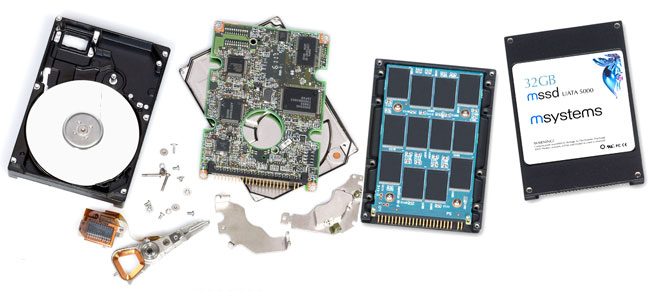 Components of a traditional hard drive compared to that of a solid-state drive