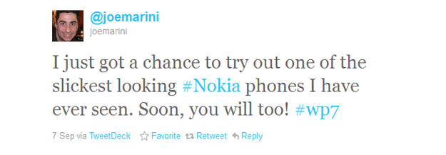 Joe marini tweet about nokia wp7 phone