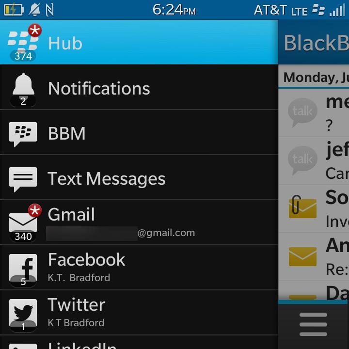 BlackBerry Q10 review screenshot blackberry hub sidebar