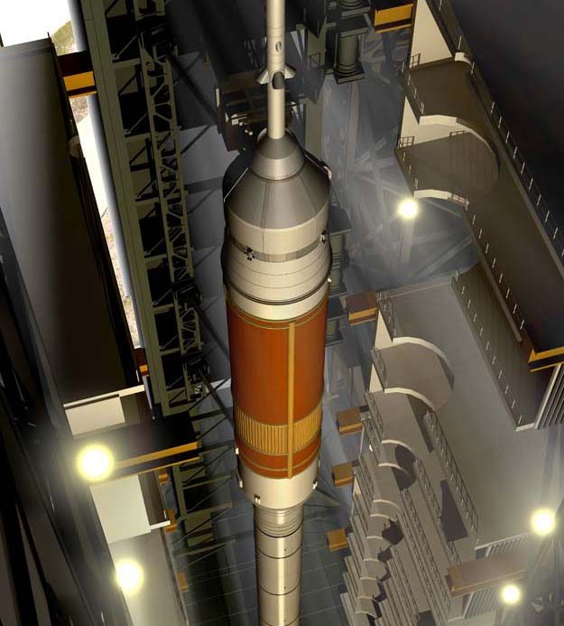 Ares Launch vehicle render in Vehicle Assembly Building (NASA)