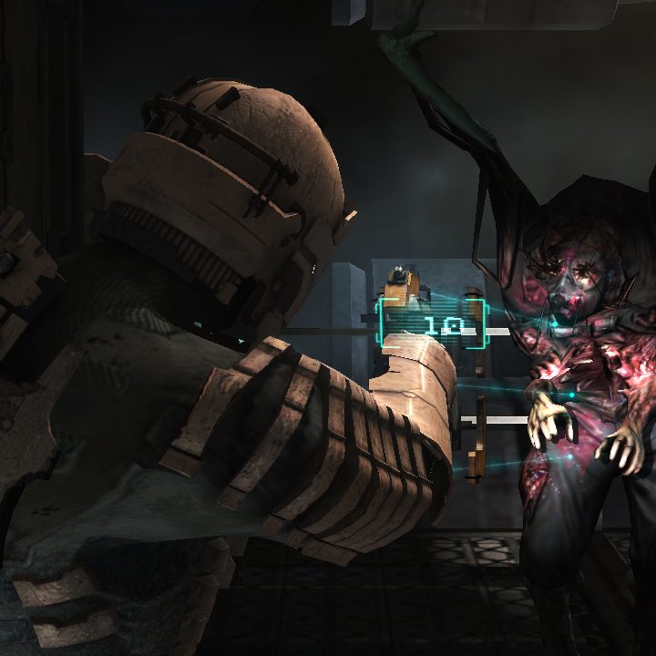 Isaac aiming his plasma cutter at a necromporph.