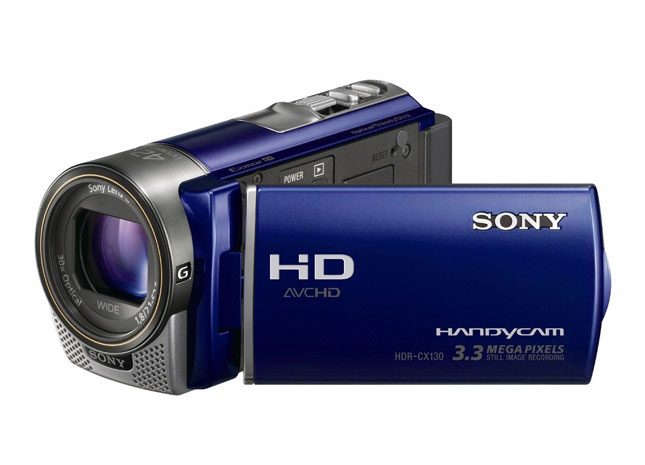 Sony HDR-CX130 front angle blue display