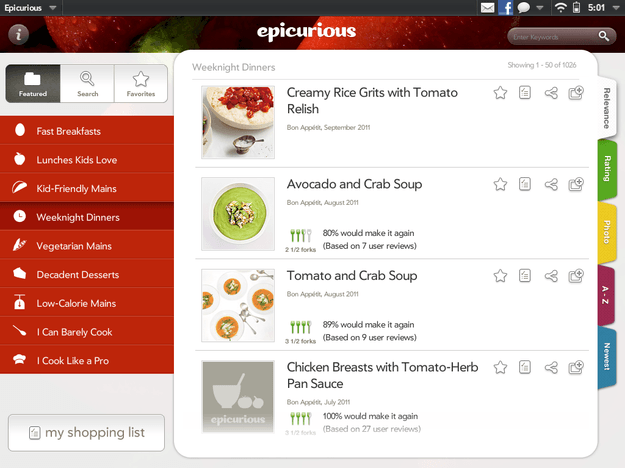 Epicurious on HP TouchPad