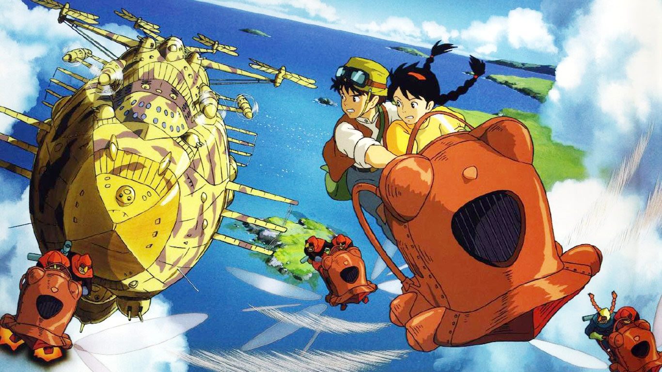 Two characters on a flying vehicle looking back at an airship in Castle in the Sky.