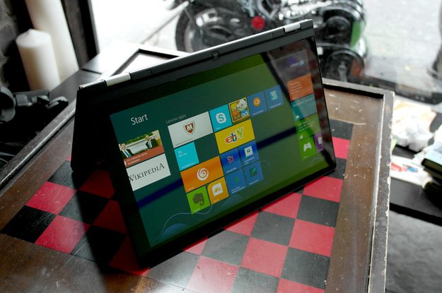Lenovo Yoga review front left angle homescreen tent mode
