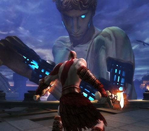 Kratos fighting the colossus of rhodes.
