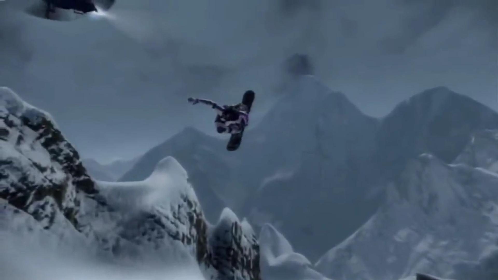 A snowboarder flipping in SSX.