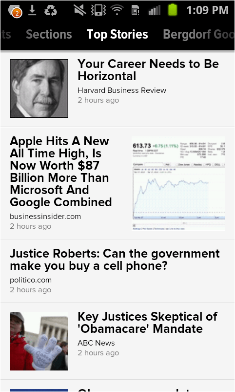 Zite Top Stories page