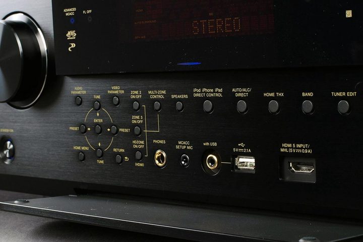 The front panel of an AV receiver.