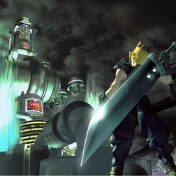Cloud looks at the Shinra building in Final Fantasy VII.