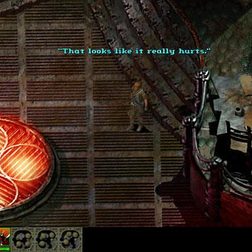 A character looking at a burning body.