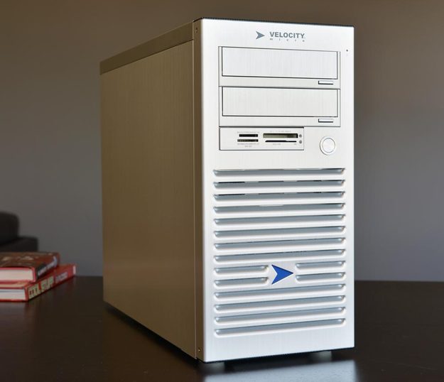 Velocity Micro Vector Campus Edition Review desktop case front angle desktop pc