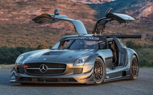 Mercedes-Benz SLS AMG GT3 45th Anniversary Edition front-three quarter view doors open