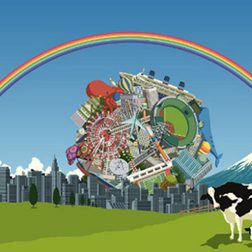 A pair of cows stand in the foreground while a giant katamari stands in a city in Katamari Damacy.