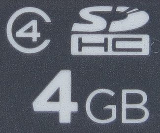 This indicates that the card is in the SDHC format with a 4GB storage capacity and a Class 4 speed rating.