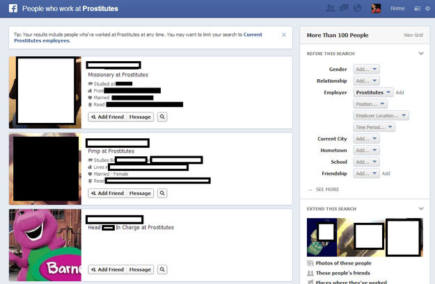 Facebook graph search people who work at prostitutes