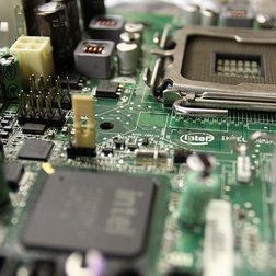 Close-up look at an old motherboard.