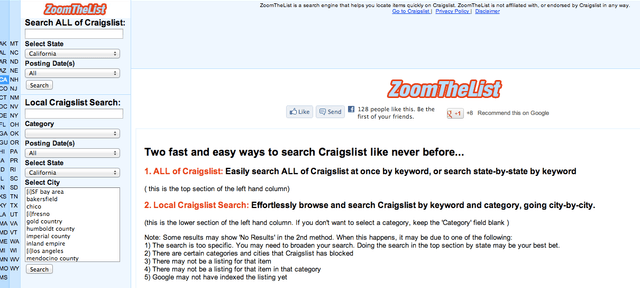 Zoom the List Craigslist Search Engine Screenshot