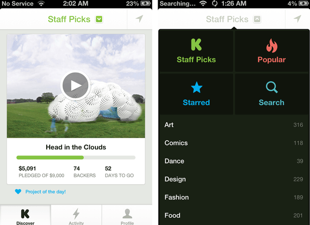 kickstarter iOS app discover tab