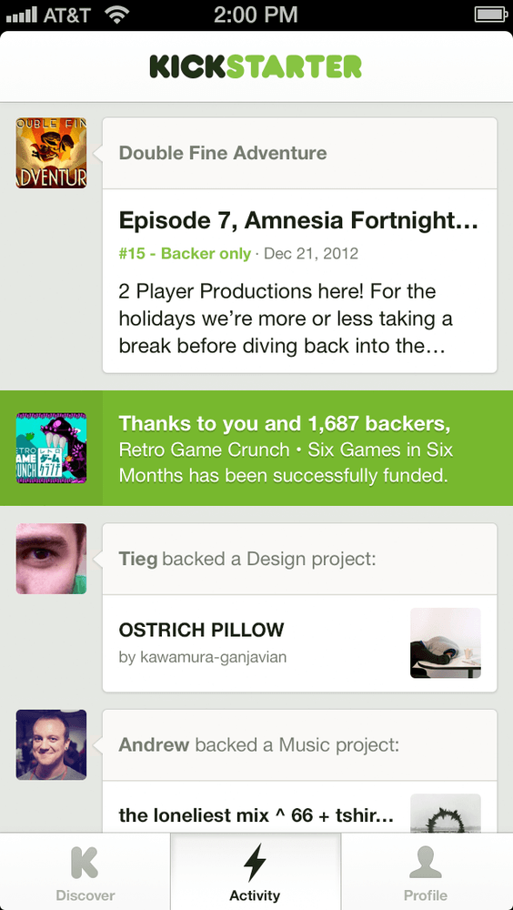 kickstarter ios app activities