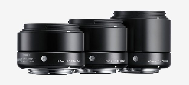 Sigma 30mm F2.8 DN, 19mm F2.8 DN, and 60mm F2.8DN lenses for Micro Four Thirds and Sony E-Mount (NEX) mirrorless cameras.