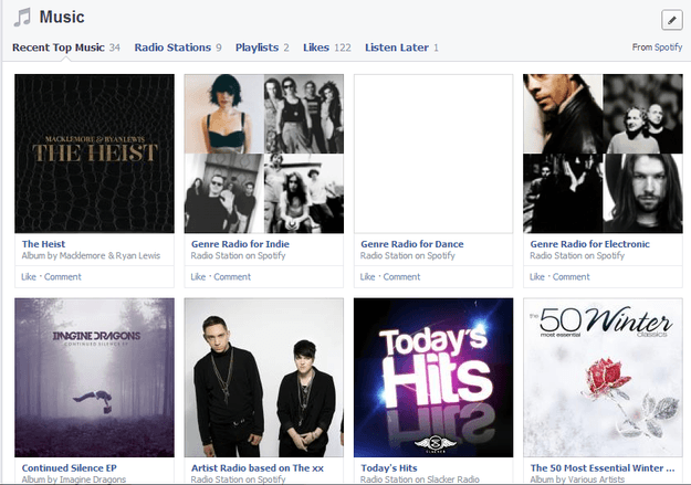 Facebook new timeline spotify connected music section