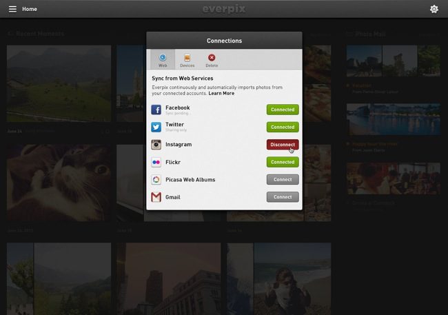 Everpix syncs with a variety of local and online sources where your photos are stored.