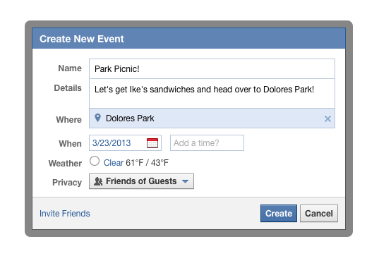 facebook events creation for organizer