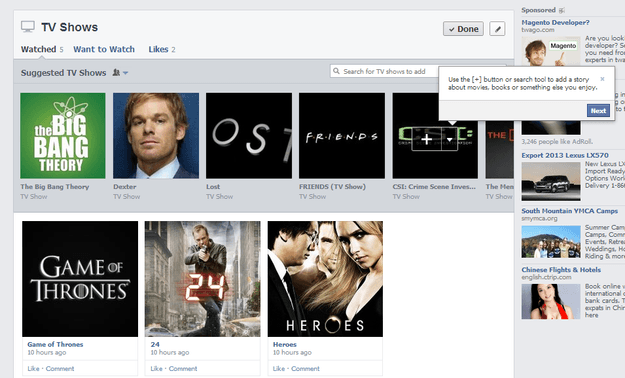 facebook new timeline tv shows