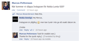 Nokia FB Sweden on instagram launch to windows phone