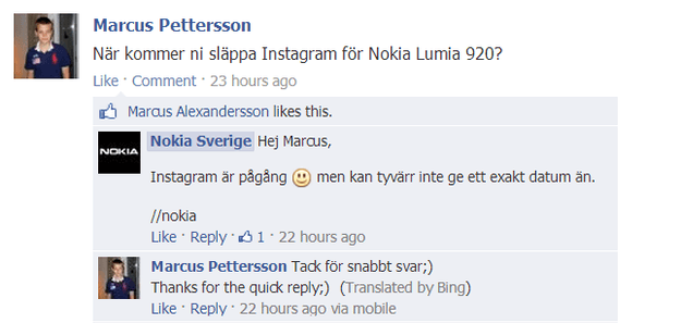 Nokia FB Sweden on instagram launch to windows phone