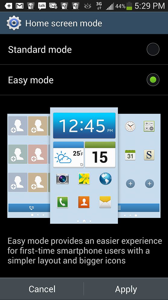 samsung galaxy s4 screenshot home screen mode settings