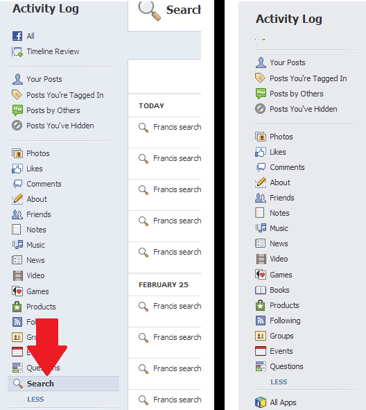 search option in activity log is gone