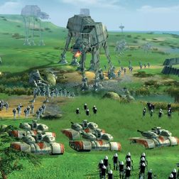 A rebel and Empire battle on a green planet in Star Wars: Empire at War..