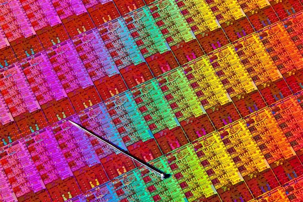 A Haswell wafer with a pin for scale