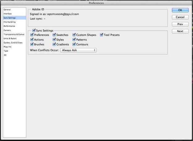Syncing your settings preferences to Creative Cloud.