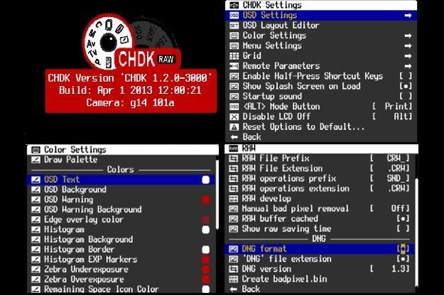 Various CHDC menu screens. (Images via Waterwingz/CHDK Wiki)