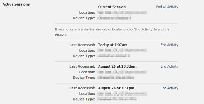 facebook security settings - active sessions