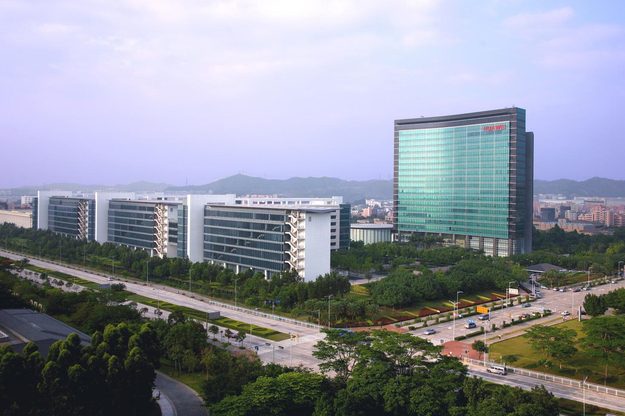 Two modern buildings house Huawei' s R&D teams at Huawei Global Headquarters in Shenzhen.