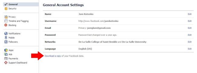 Download facebook data - account settings link