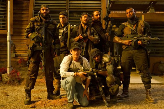 Director David Twhoy and the mostly male supporting cast of 'Riddick.'