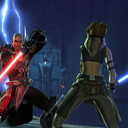 A Jedi and Sith facing off with lightsabers in Star Wars: The Old Republic..