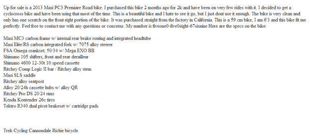 Craigslist product description