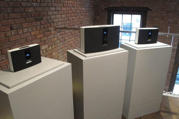Comparing the sizes of the Bose SoundTouch Portable, SoundTouch 30, and SoundTouch 20 (left to right)