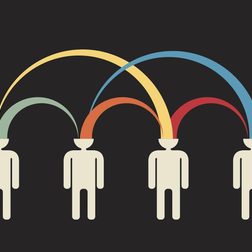 Ilustration of four white human-shaped drawings on a black background. The heads of the figures are only half circles and are connected to each other's heads via five colorful arches.