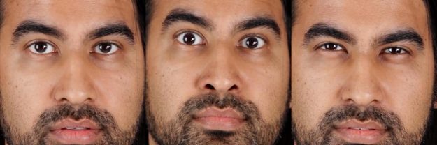 A normal relaxed face, "deer in the headlights," and the Squinch.