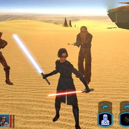 A Jedi holding a red and blue lightsaber in the desert.