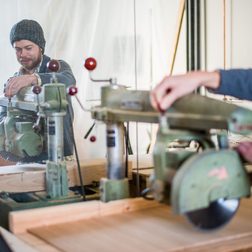 blueshift bamboo speaker sam beck prepares his vintage saw for cutting panels