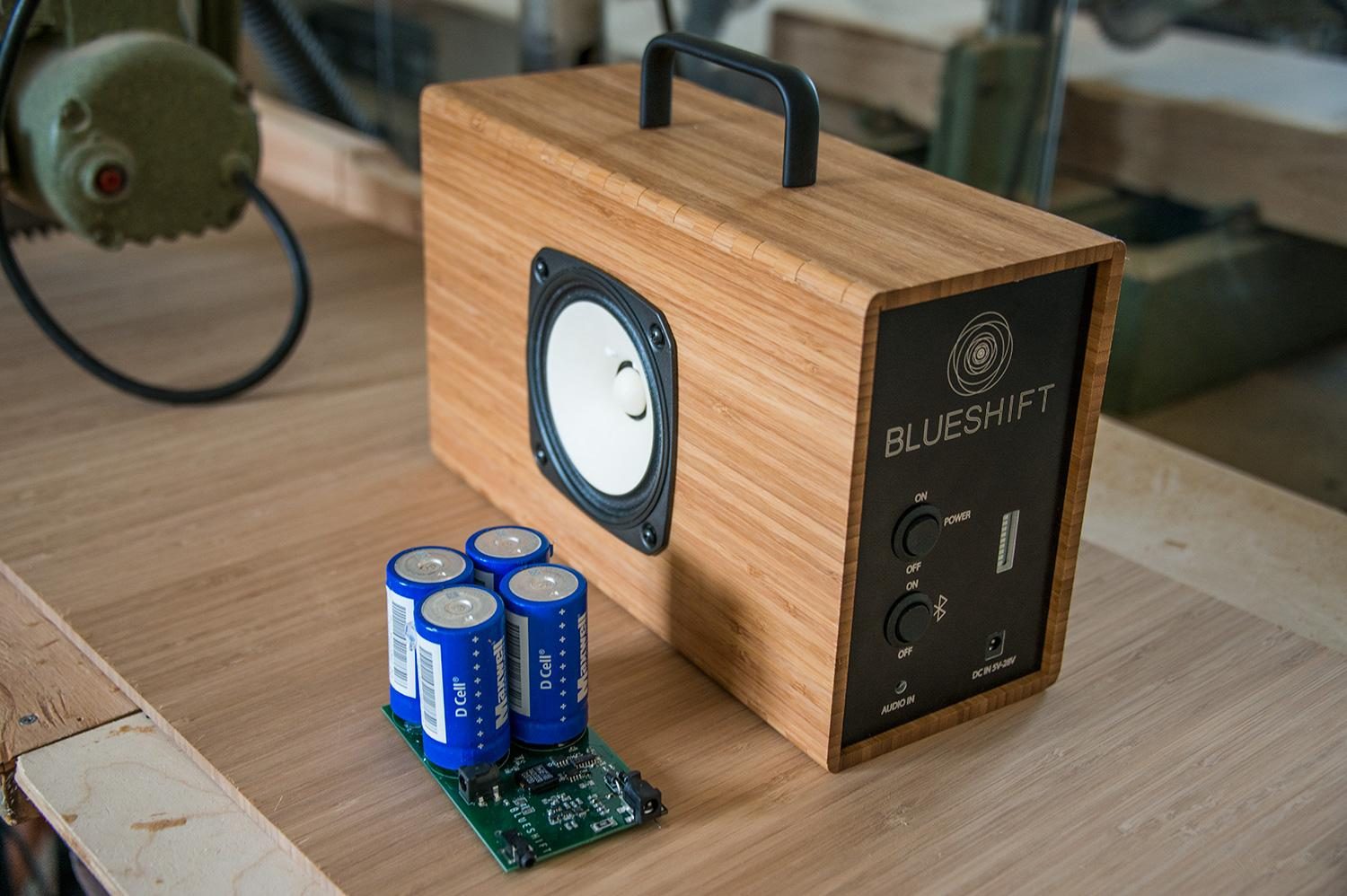 blueshift helium bamboo supercapacitor powered speaker batteries